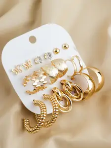 aadita Set Of 9 Gold-Plated Artificial Stones Studded Contemporary Shaped Studs