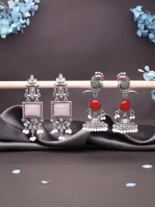 Sangria Set Of 2 Silver-Plated Stones Studded & Beaded Peacock Shaped Drop Earrings