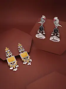 Sangria Set Of 2 Silver-Plated Stones Studded and Beads Beaded Contemporary Drop Earrings