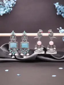 Sangria Set Of 2 Silver-Plated Stones Studded & Beaded Oxidised Peacock Drop Earrings