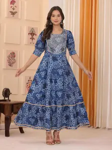 Gf Gul Fashion Women Floral Printed Embroidered Fit and Flare Maxi Dress