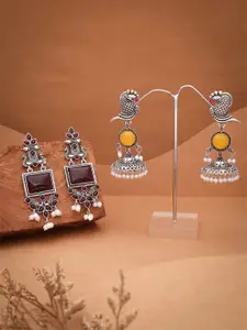 DIVASTRI Set Of 2 Silver-Plated Stones Studded & Beaded Oxidised Dome Shaped Jhumkas