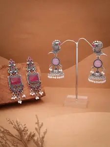 Sangria Set Of 2 Silver-Plated Stones Studded and Beads Beaded Contemporary Drop Earrings