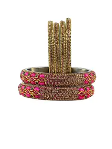 RIJOLI Set Of 6 Gold-Plated Zircon Stone Studded & Beaded Metal Bangles