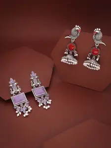 Sangria Set Of 2 Silver-Plated Artificial Stone Studded & Beaded Drop Earrings