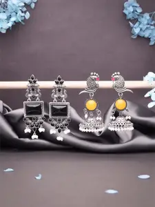 DIVASTRI Set Of 2 Silver-Plated Artificial Stones and Beads Square Oxidised Drop Earrings