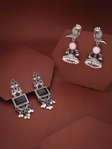 Sangria Set Of 2 Silver-Plated Stones Studded and Beads Beaded Contemporary Drop Earrings