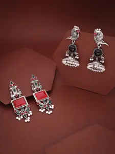 DIVASTRI Set Of 2 Silver-Plated Artificial Stones Studded Oxidised Dome Shaped Jhumkas