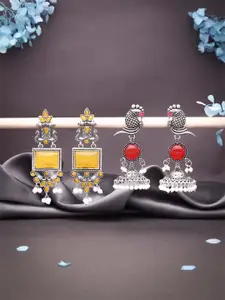 DIVASTRI Set Of 2 Silver-Plated Artificial Stones and Beads Square Oxidised Drop Earrings