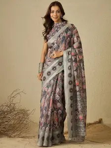 Saree mall Ethnic Motifs Printed Sequinned Pure Linen Bagh Saree