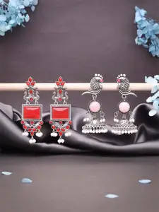 DIVASTRI Set Of 2 Silver-Plated Artificial Stones Studded Square Oxidised Drop Earrings