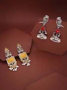 Sangria Set Of 2 Silver-Plated Stones Studded and Beads Beaded Contemporary Drop Earrings