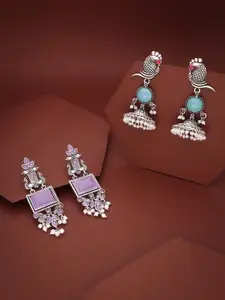 Sangria Set Of 2 Silver-Plated Stone Studded & Beaded Oxidised Drop Earrings