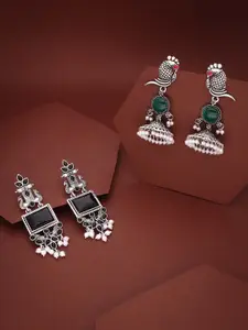 Sangria Set Of 2 Silver-Plated Stones Studded & Beaded Peacock Shaped Drop Earrings