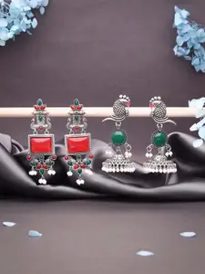 Sangria Set Of 2 Silver-Plated Stones Studded and Beads Beaded Contemporary Drop Earrings