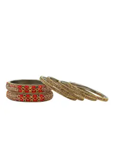 RIJOLI Set Of 6 Gold-Plated Stone Studded & Beaded Metal Bangles