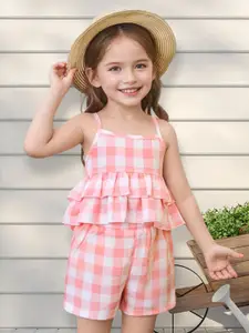 INCLUD Girls Checked Shoulder Straps Top With Shorts