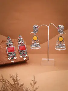 DIVASTRI Set Of 2 Silver-Plated Artificial Stones Studded Square Shaped Drop Earrings