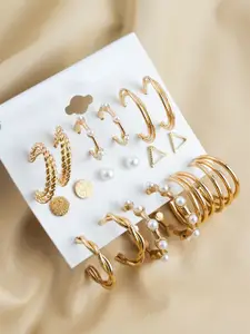 aadita Set Of 9 Gold-Plated Artificial beaded Contemporary Shaped Studs