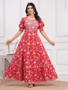 Gf Gul Fashion Women Floral Embroidered Puff Sleeves Fit and Flare Maxi Cotton Dress