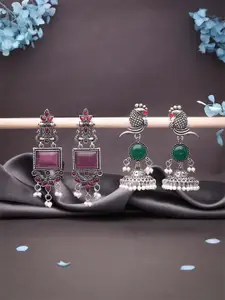 DIVASTRI Set Of 2 Silver-Plated Stones Studded & Beaded Oxidised Dome Shaped Jhumkas
