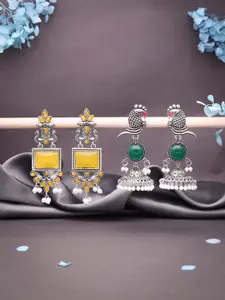 Sangria Set Of 2 Silver-Plated Stones Studded & Beaded Peacock Shaped Drop Earrings