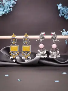 DIVASTRI Set Of 2 Silver-Plated Artificial Stones Studded Square Shaped Drop Earrings