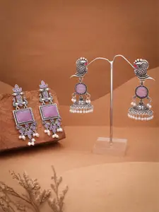 DIVASTRI Set Of 2 Silver-Plated Artificial Stones Studded Square Oxidised Drop Earrings