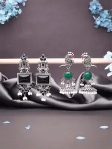 DIVASTRI Set Of 2 Silver-Plated Artificial Stones and Beads Square Oxidised Drop Earrings