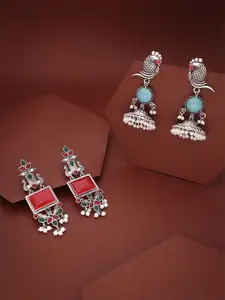 DIVASTRI Set Of 2 Silver-Plated Artificial Stones Studded Square Shaped Drop Earrings