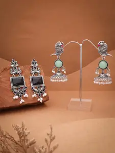 Sangria Set Of 2 Silver-Plated Stones Studded & Beaded Peacock Shaped Drop Earrings