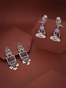 DIVASTRI Set Of 2 Artificial Stones Studded Square Shaped Oxidised Drop Earrings