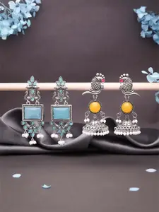 DIVASTRI Set Of 2 Silver-Plated Artificial Stones Studded Square Oxidised Drop Earrings