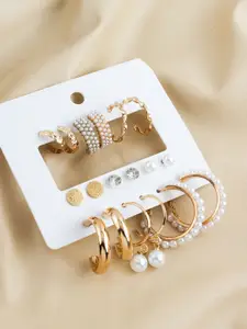 aadita Set Of 9 Gold-Plated Artificial Beaded Contemporary Shaped Studs
