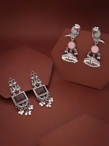 Sangria Set Of 2 Silver-Plated Stones Studded and Beads Beaded Contemporary Drop Earrings