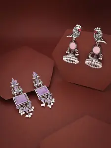 Sangria Set Of 2 Silver-Plated Stones Studded and Beads Beaded Oxidised Drop Earrings