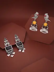 Sangria Set Of 2 Silver-Plated Stones Studded and Beads Beaded Contemporary Drop Earrings