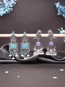 Sangria Set Of 2 Silver-Plated Stones Studded & Beaded Peacock Shaped Drop Earrings