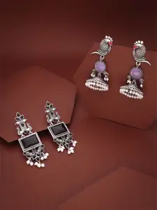 DIVASTRI Set Of 2 Silver-Plated Stones Studded & Beaded Oxidised Dome Shaped Jhumkas