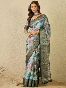 Saree mall Floral Zari Organza Sungudi Sarees