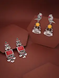 Sangria Set Of 2 Silver-Plated Stones Studded & Beaded Peacock Shaped Drop Earrings