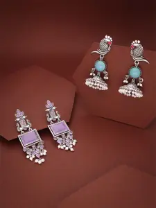 DIVASTRI Set Of 2 Silver-Plated Stones Studded & Beaded Oxidised Dome Shaped Jhumkas