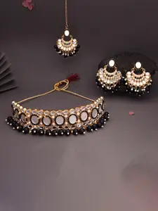 Anouk Gold Plated Mirror Work Necklace With Maang Tikka & Earrings Set