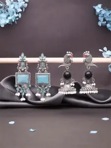 DIVASTRI Set Of 2 Silver-Plated Stones Studded & Beaded Oxidised Dome Shaped Jhumkas