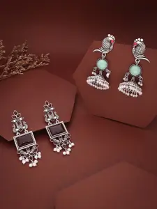 Sangria Set Of 2 Silver-Plated Stones Studded and Beads Beaded Contemporary Drop Earrings