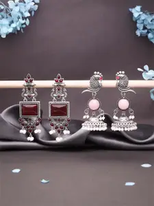 DIVASTRI Set Of 2 Silver-Plated Artificial Stones Studded Oxidised Dome Shaped Jhumkas