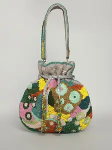 QAIDA FASHION Women Self Design Applique Bucket Handbag with Beads & Sequins