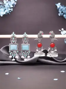 DIVASTRI Set Of 2 Silver-Plated Stones Studded and Beads Beaded Drop Contemporary Earrings