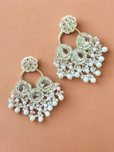Sangria Silver Plated Pearls Stone Studded & Kundan Beaded Contemporary Drop Earrings
