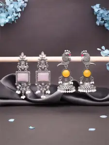 DIVASTRI  Set Of 2 Silver-Plated Stones Studded & Beaded Oxidised Dome Shaped Jhumkas